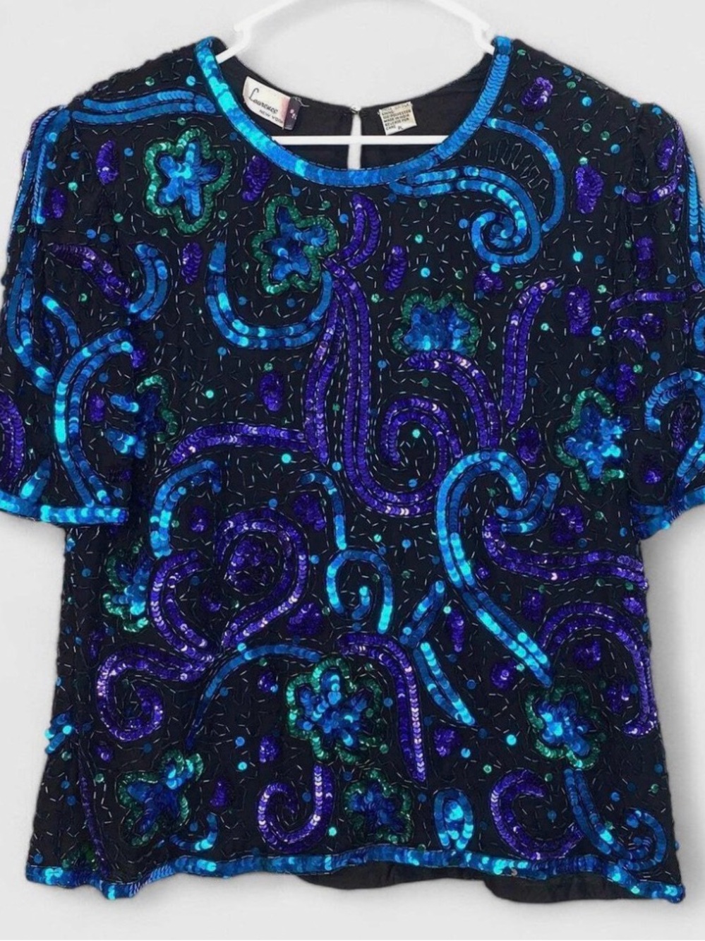 Vintage Laurence Kazar Petite Black Sequined Evening Blouse Size PL